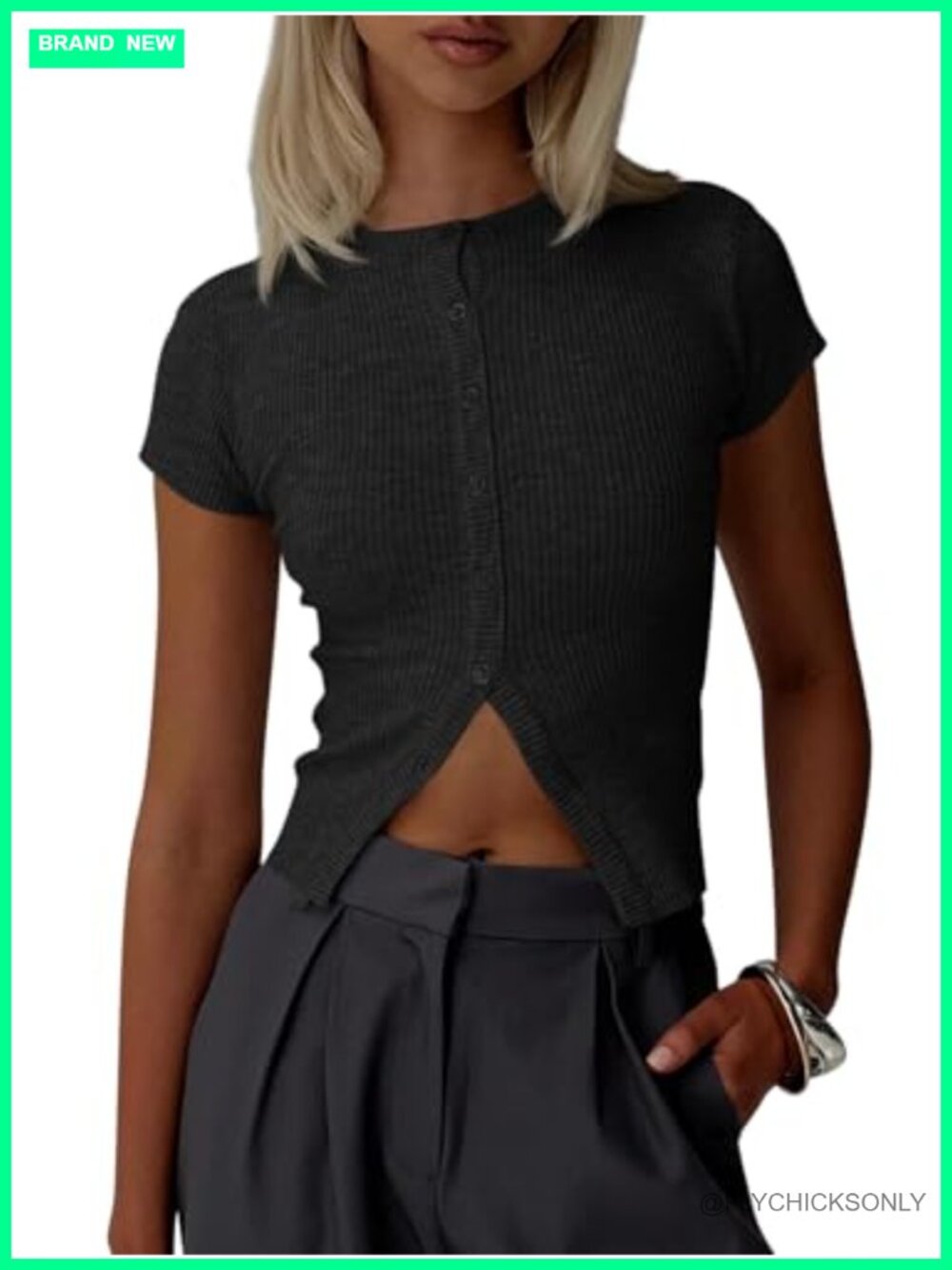 Y2K Cropped Cardigan Button Down Short Sleeve Ribbed Knit Slim Fit Women's